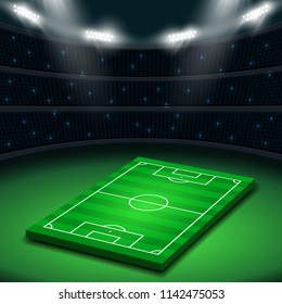 Green soccer field on a stadium background. Sport template for your design. Vector illustration.