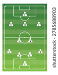 A green soccer field with white lines and player positions marked with numbers on a pure white background