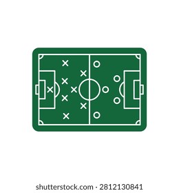 A green soccer field with white lines and markings representing a game strategy plan with Xs and Os.