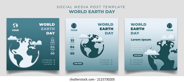 Green social media post template in square design. World Earth Day template with paper cut earth background design. Good template for online advertisement design.