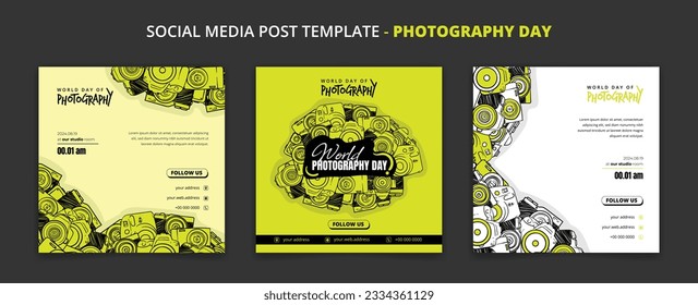 Green Social media post template with doodle art of cameras design for photography day campaign