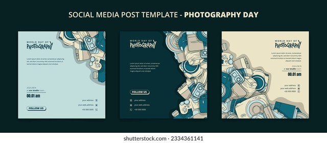 Green social media post template with camera in doodle art design for photography day campaign