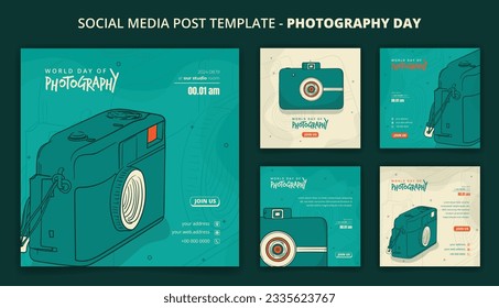 Green social media post template with pocket camera vector illustration for photography day campaign