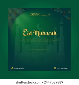 Green social media post template with mosque vector illustration
