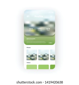Green Social Network Profile page UI, UX, GUI screen for mobile apps design. Modern responsive user interface design of mobile applications including following, photo and video information