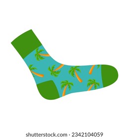 Grüne Socke mit Palmen Muster, Vektorgrafik. Cartoon Zeichnung von bunter Socke für Kinder und Erwachsene einzeln auf weißem Hintergrund. Mode, Accessoire, Bekleidungskonzept