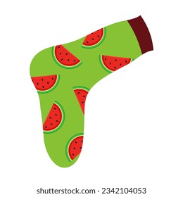 Green sock with watermelon pattern vector illustration. Cartoon drawing of colorful sock for children and adults isolated on white background. Fashion, accessory, clothes concept