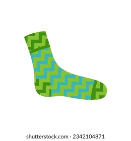 Green sock with zigzag pattern vector illustration. Cartoon drawing of colorful sock for children and adults isolated on white background. Fashion, accessory, clothes concept