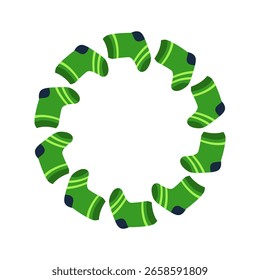 Meias verdes quadro de círculo. Divertido desenho animado ilustração de meias listradas em layout circular. Isolado no fundo branco.