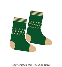 Green socks, knitted with Christmas ornaments. Warm winter accessories. Clothes for cold weather.Green wool socks.Vector illustration