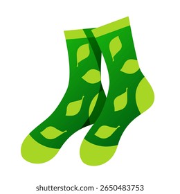 Green socks with leaf pattern. Vector clipart isolated on white background.