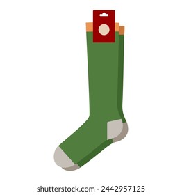 Green socks with logo tag hosiery crew length. Fashion accessory clothing technical illustration stocking. Vector, side view for Men, women, unisex style, flat template mockup sketch outline isolated