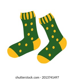 Calcetines verdes con puntos de polka amarillos Ilustración vectorial plana sobre fondo blanco