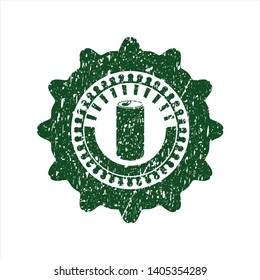 Green soda can icon inside distressed rubber seal with grunge texture