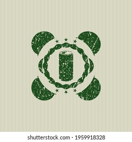 Green soda can icon inside distress rubber grunge stamp. 