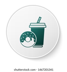 Green Soda drink with drinking straw and donut icon isolated on white background. Fast food symbol. White circle button. Vector Illustration