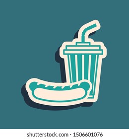 Green Soda and hotdog icon isolated on blue background. Fast food symbol. Long shadow style. Vector Illustration