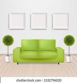Green Sofa Bed With And Picture Frame With Gradient Mesh, Vector Illustration