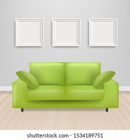 Green Sofa Bed With And Picture Frame And Grey Background With Gradient Mesh, Vector Illustration