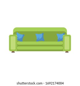 Green sofa with blue pillow vector illustration, isolated on white background