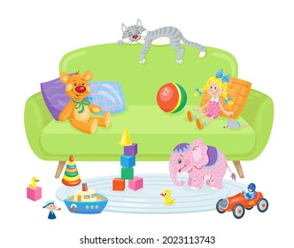 Green sofa with a cat, pillows and children's toys. In cartoon style. Isolated on white background. Vector flat illustration.