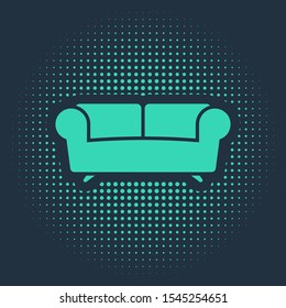 Green Sofa icon isolated on blue background. Abstract circle random dots. Vector Illustration