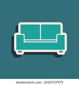 Green Sofa icon isolated on green background. Long shadow style. Vector