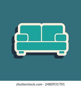 Green Sofa icon isolated on green background. Long shadow style. Vector