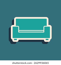 Green Sofa icon isolated on green background. Long shadow style. Vector
