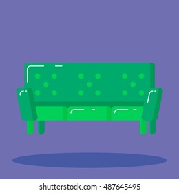 Green sofa icon on purple background whith shadow. The piece of furniture. Furniture for living room, bedroom, office, garden, soul, design, facilities, apartments. An isolated object in modern style.