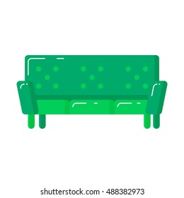 Green sofa icon on white background with highlights. The piece of furniture. Furniture for living room, bedroom, office, garden, soul, design, facilities, apartments.An isolated object in modern style