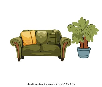 Green sofa with indoor plant next to it