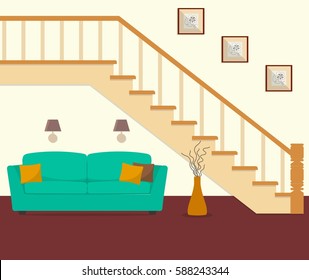 Green sofa, located under the stairs. There is also a big vase, lamps and pictures in the image. Vector flat illustration.