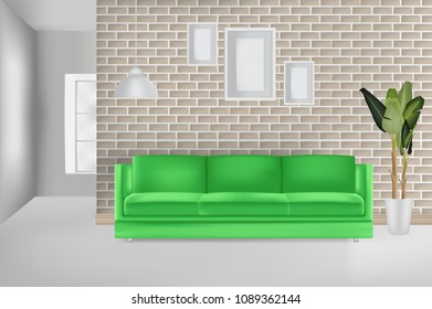 green sofa on brick wall in living room vector,illustration