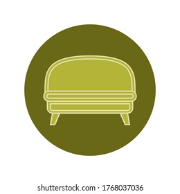 Green sofa on circle verdant background. Flat illustration in form of thin lines for interior design. Couch with three pillows and backs. Symbolic icon for comfortable seat. Vector.
