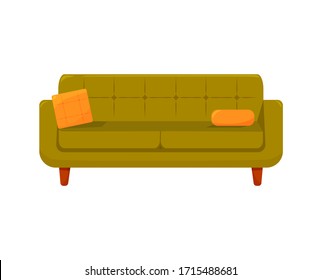 Green sofa with orange or yellow pillows isolated vector illustration. Cozy trendy interior soft furniture concept.