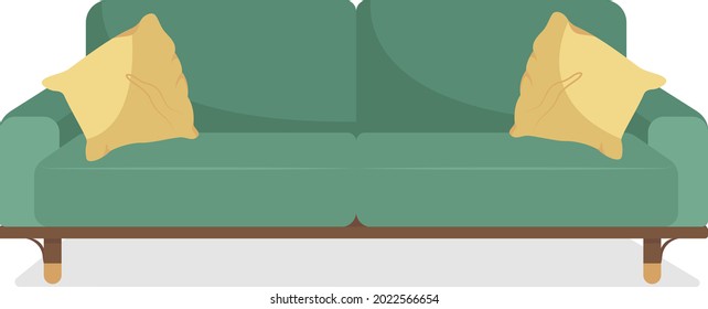 sofá verde con almohadas de color semiplano objeto vector. Elemento de tamaño completo sobre blanco. Mobiliario para sala de estar. Interior de casa aislado moderno estilo de dibujos animados para el diseño gráfico y la animación