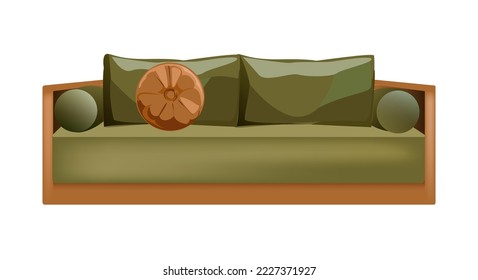 Green sofa vector flat illustration. Modern fabric couch with pillow and armrests isolated on white background.