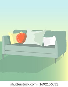 Green sofa in vintage style. Domestic interior. Modern living room interior. Living room interior design.