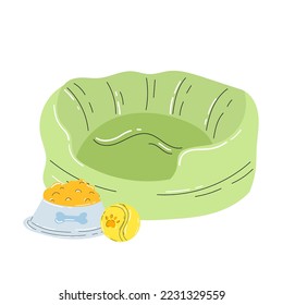 Green soft dog bed with food bowl and yellow ball with paw. Dogs place for sleep and relax. Flat style minimalist vector illustration. Pet stuffs
