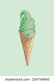 Green soft ice cream in the cone, Pour melted green syrup, lemon lime and green tea flavor, Vector illustration