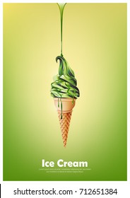 Green soft ice cream in the cone, Pour melted green syrup, lemon lime and green tea flavor, Vector illustration