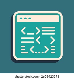 Green Software, web developer programming code icon isolated on green background. Javascript computer script random parts of program code. Long shadow style. Vector