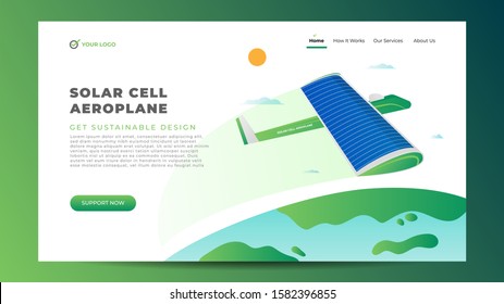 Green Solar Aeroplane Airplane Electric. Future Sustainable Plane Energy. Eco friendly solar-powered aircraft design