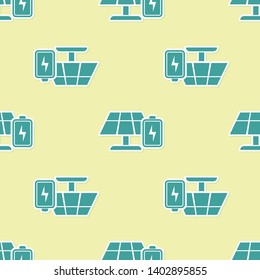 Green Solar energy panel and battery icon isolated seamless pattern on yellow background. Vector Illustration