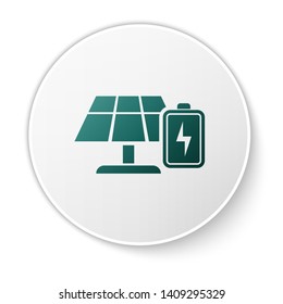 Green Solar energy panel and battery icon isolated on white background. White circle button. Vector Illustration