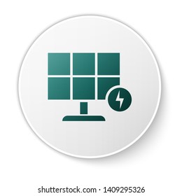 Green Solar energy panel icon isolated on white background. White circle button. Vector Illustration