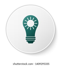 Green Solar energy panel icon isolated on white background. Sun and light bulb. White circle button. Vector Illustration