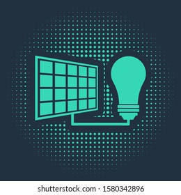 Green Solar energy panel and light bulb icon isolated on blue background. Abstract circle random dots. Vector Illustration