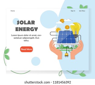 Green solar and renewable energy website homepage template. Vector flat style design element with copy space and read more button.